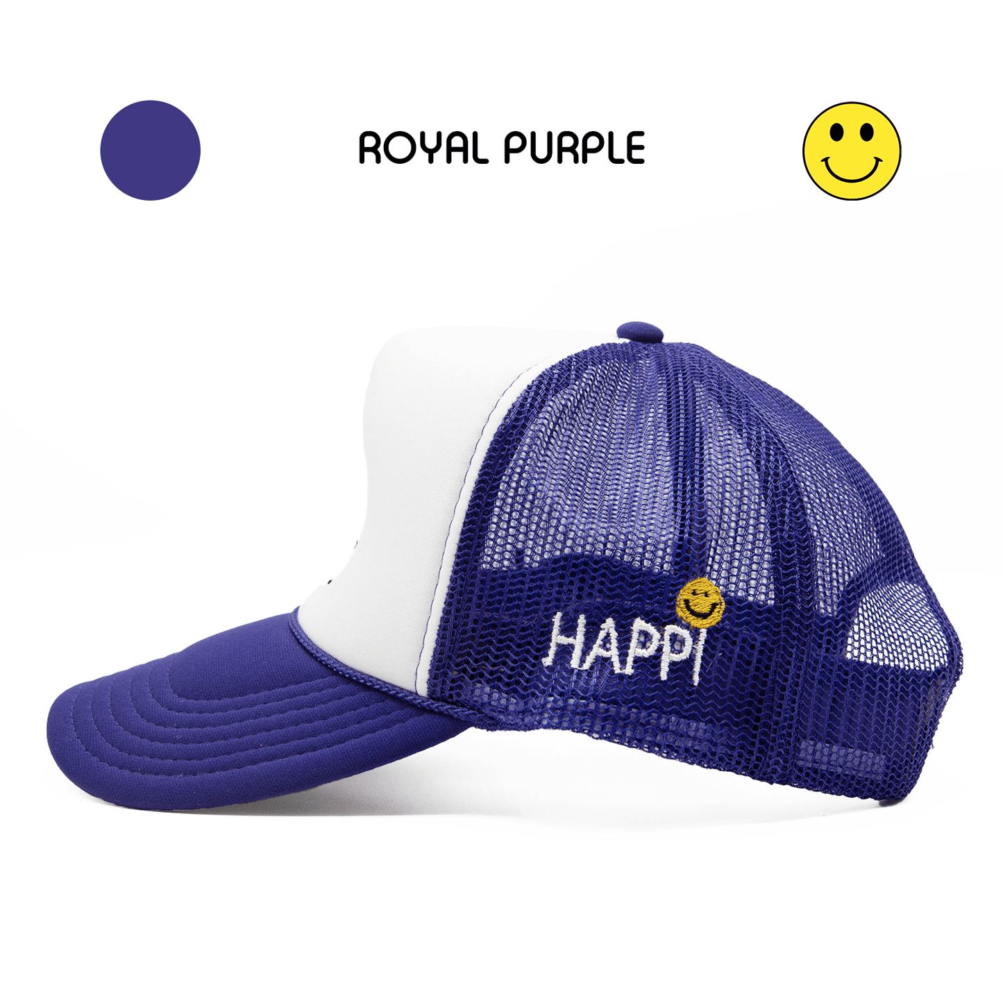 
                  
                    HAPPI HATS - ROYAL PURPLE WHITE TOP TRUCKER - Happi Hats
                  
                